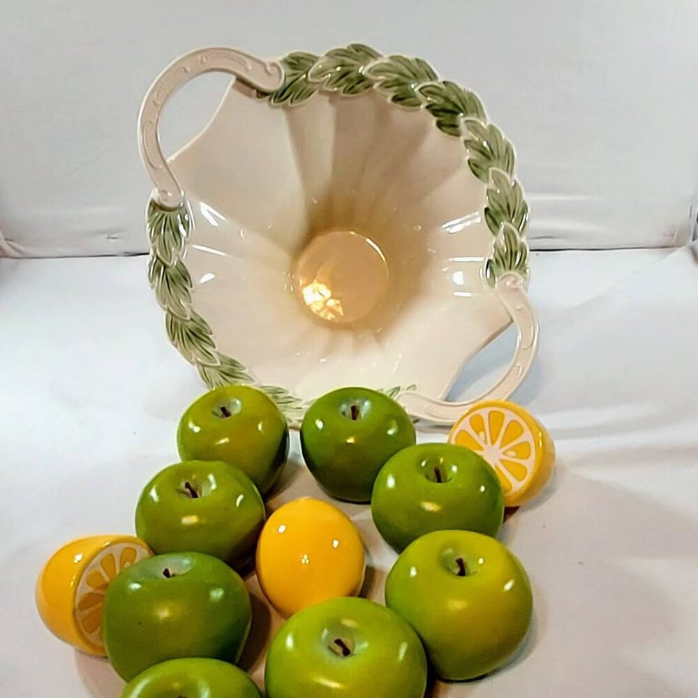 Large Bowl 41/2" Tall 14"Wide with Handles & 8 Green Apples & 3 Glass Lemon's